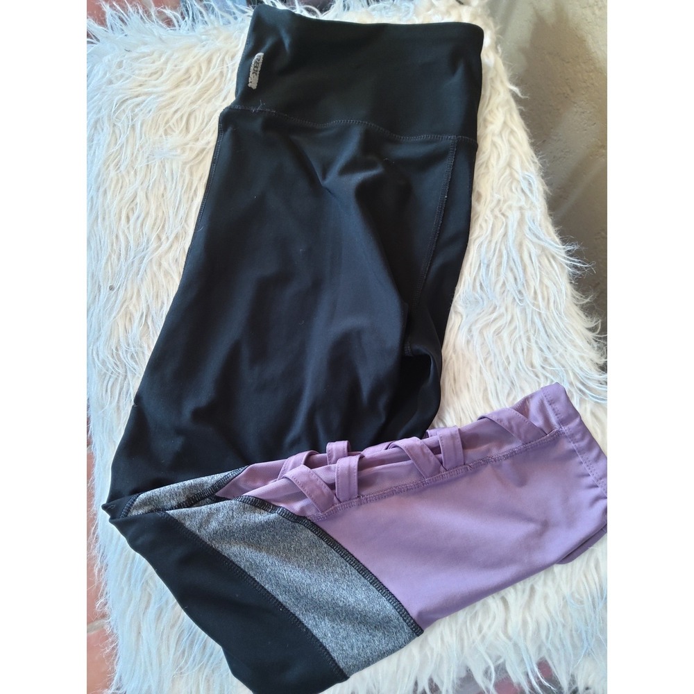 RBX Live Life Active Colorblock Leggings Black Purple Strappy Hem Womens XL